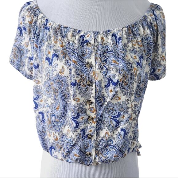 H&M Womens Peasant Shirt Medium Blue Floral Paisley Short Sleeve Blouse Bohemian - Picture 1 of 5